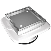 Square stainless steel shower drain with perforated grate on white mounting base