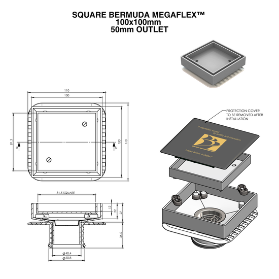 Square Bermuda Mega Flex™ 100x100mm floor drain with 50mm outlet & protection cover - exploded technical view