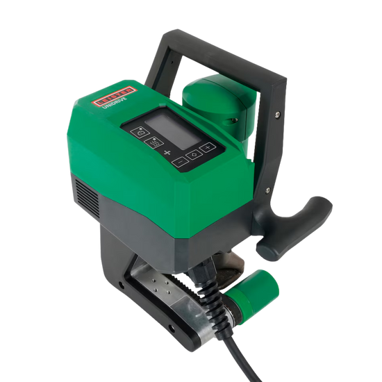 Leister green hot air gun with digital display, ergonomic handle, precision nozzle & power cord for plastic welding.