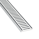 Stainless steel linear shower drain grate with sleek parallel slats for modern bathrooms.