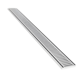 Stainless steel linear shower drain grate, sleek rectangular slatted design for modern bathrooms.