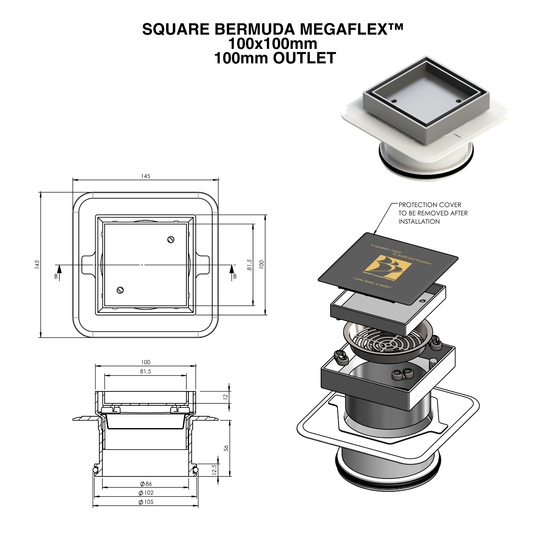 Square Bermuda MegaFlex™ 100x100mm floor drain grate, 100mm outlet, exploded view with protection cover.