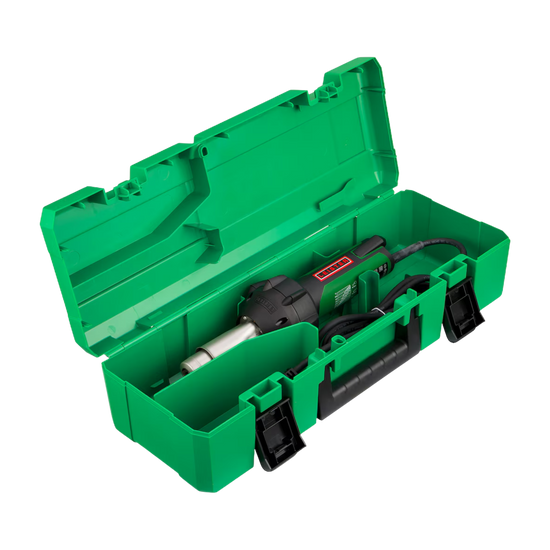 Bosch professional heat gun with nozzle in open green plastic carrying case