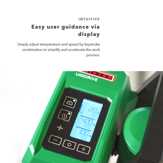 Unidriver intuitive green digital temperature controller with LCD display, adjustable 20-100°C settings, fan & heat icons,...