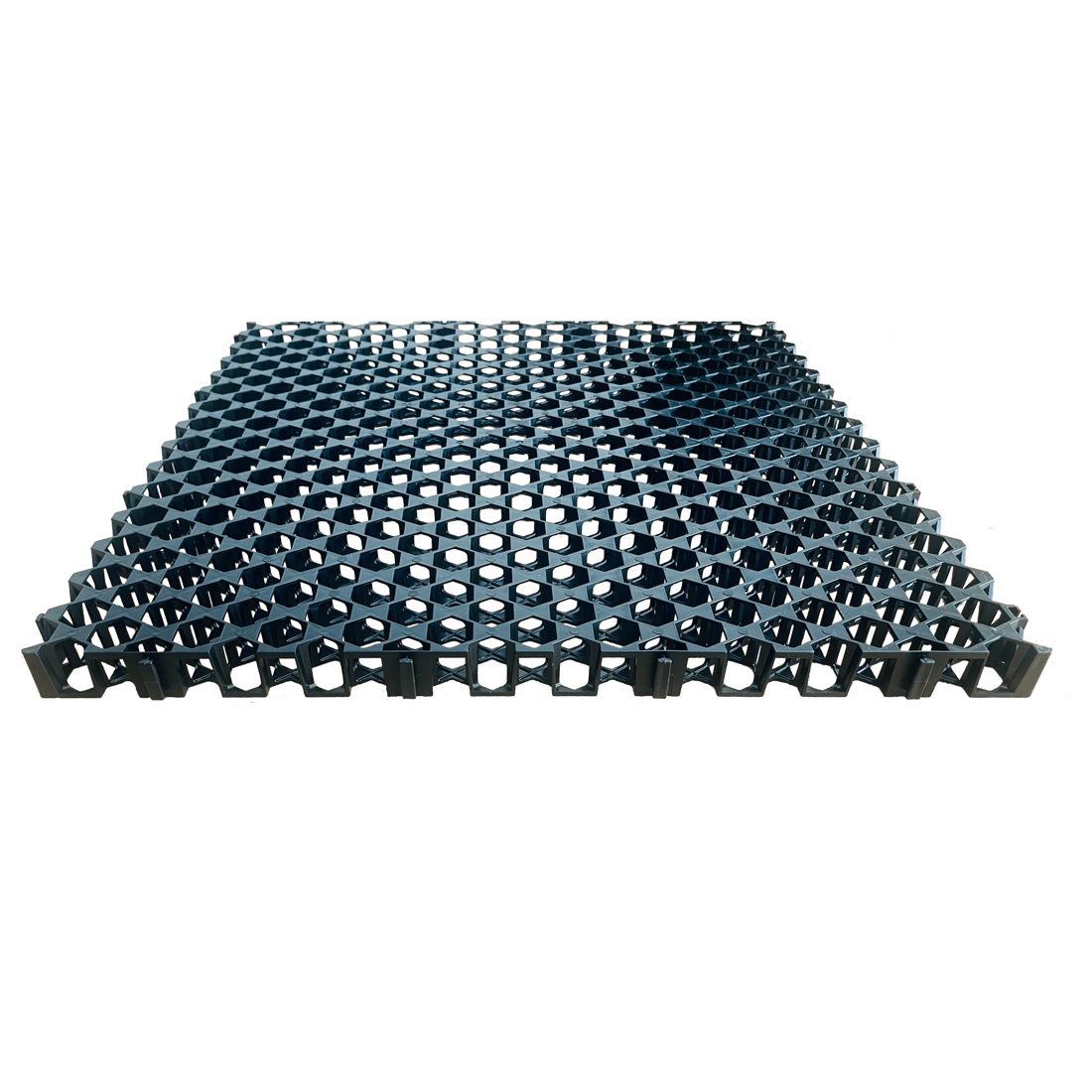 Blue hexagonal plastic grid paver tile for grass reinforcement, permeable driveways, and landscaping.