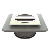 Square stainless steel shower drain grate with slotted circular center, modern bathroom floor drain cover.