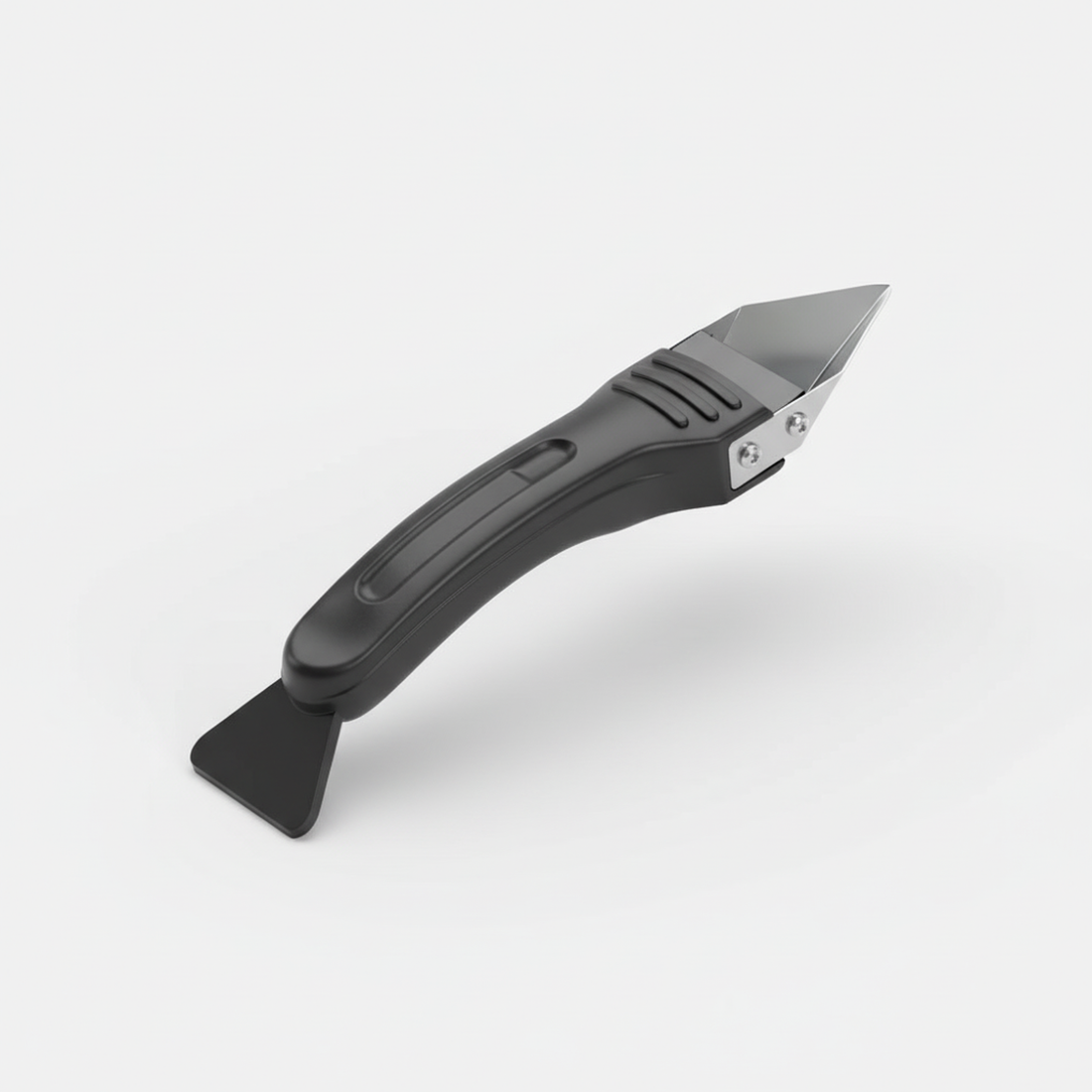 Ergonomic ice scraper with stainless steel blade & rubber squeegee, black grip handle for car windshields