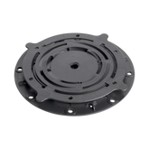 Gray round plastic umbrella base with central pole mount, mounting tabs, and screw holes for patio stability