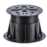 Black adjustable deck pedestal base, ribbed plastic support with central coupler, 10cm dia. for decking & pavers.