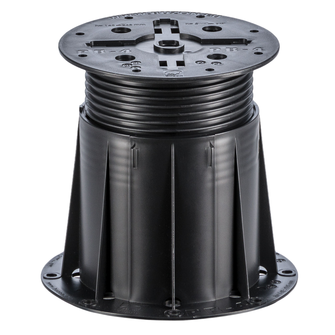 Adjustable black plastic deck pedestal with ribbed height adjustment, 146-148mm top plate, and stable base for raised floo...