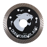 4" (105mm) diamond saw blade with snarling panther logo, segmented teeth, black & silver design.
