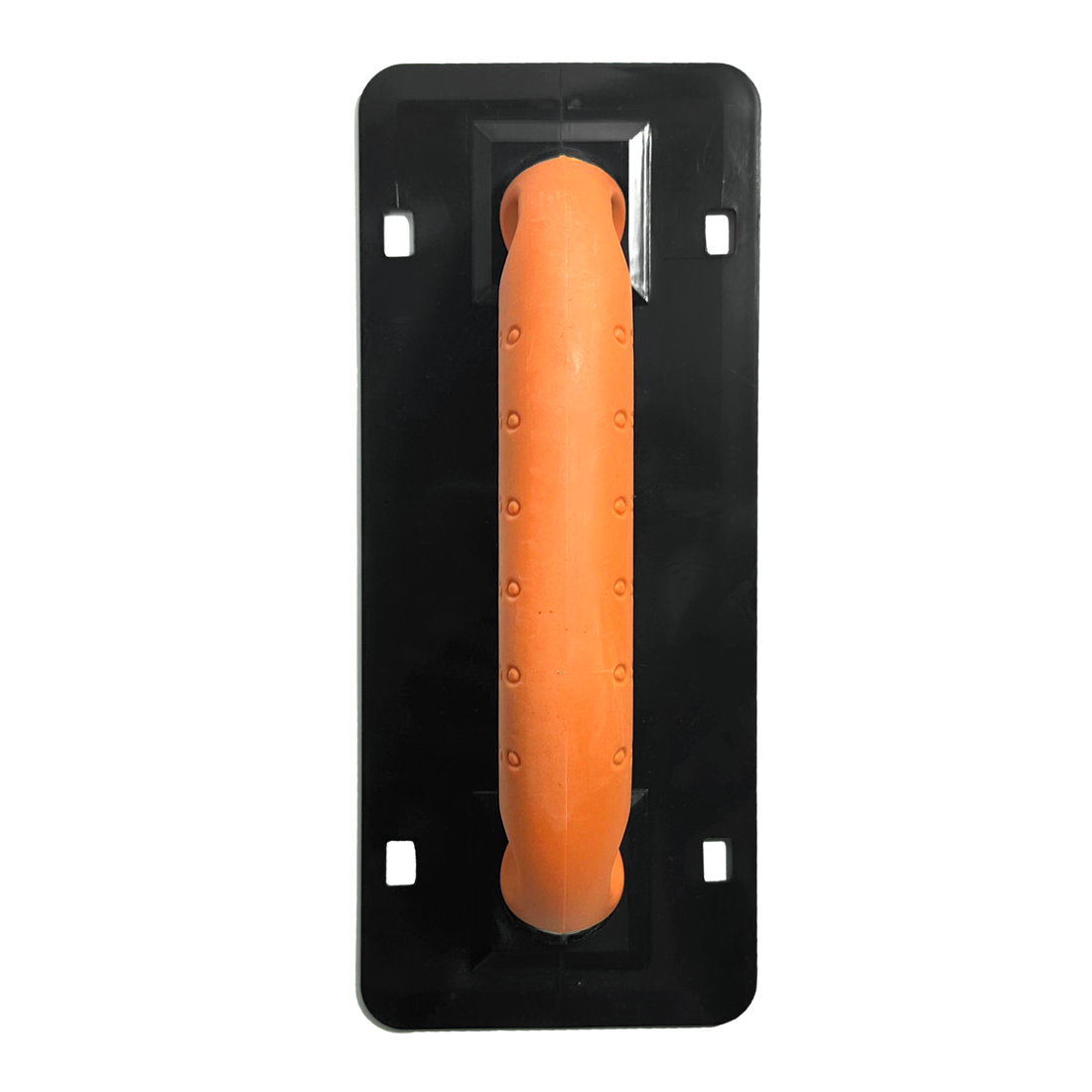 Black plastering trowel with ergonomic orange rubber grip handle, durable pro masonry tool