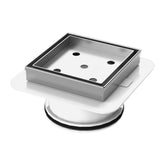 Polished 316 SS square tile insert with Megaflex base for watertight drainage in tiled waterproofing applications.