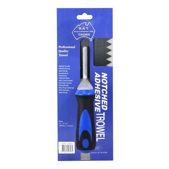BAT bright steel V-notch trowel, soft grip handle, 3-12mm notches for precise flooring adhesive application.