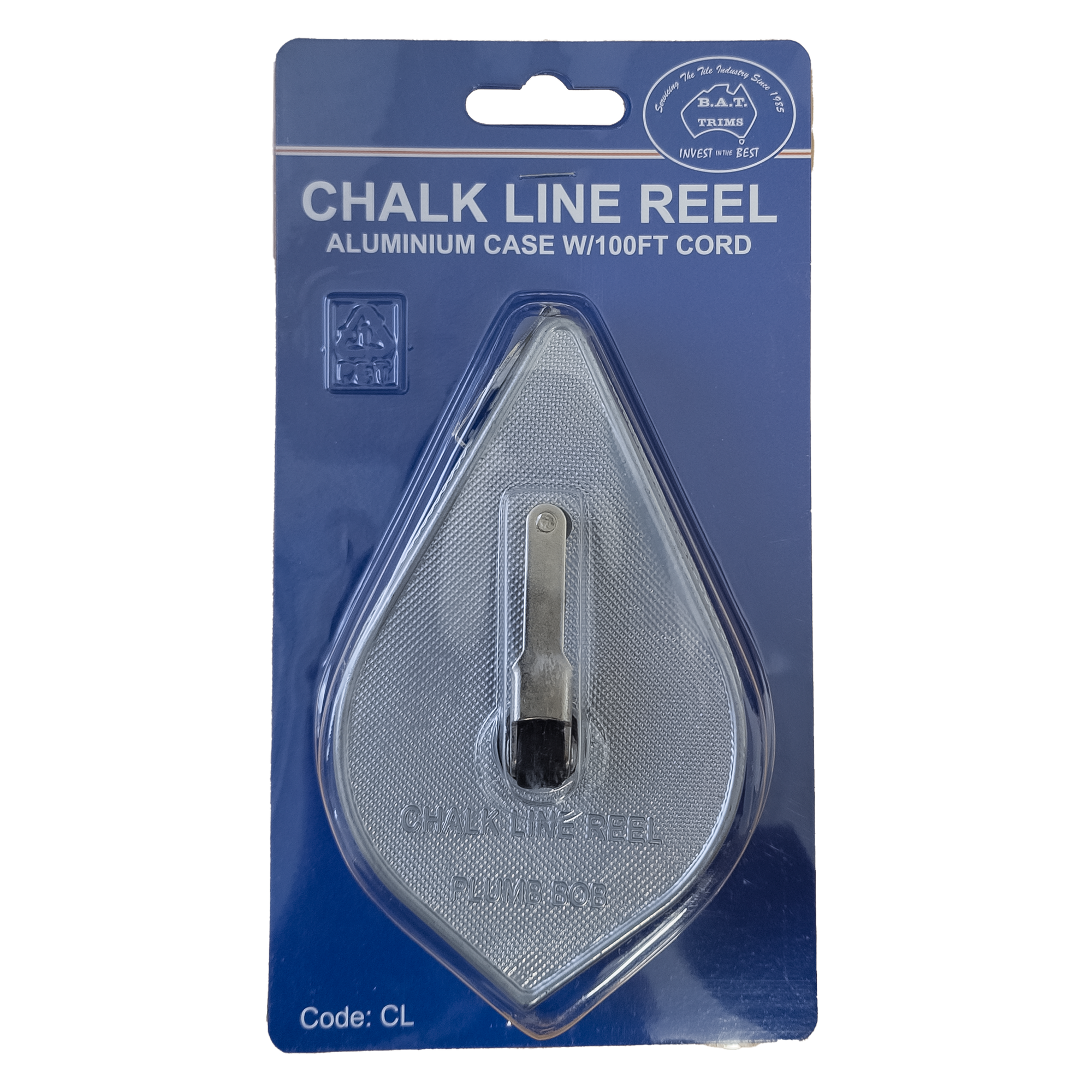 BAT Trim Chalk Line Reel in durable zinc case, self-chalking 100ft line for precise marking and plumbob prep.
