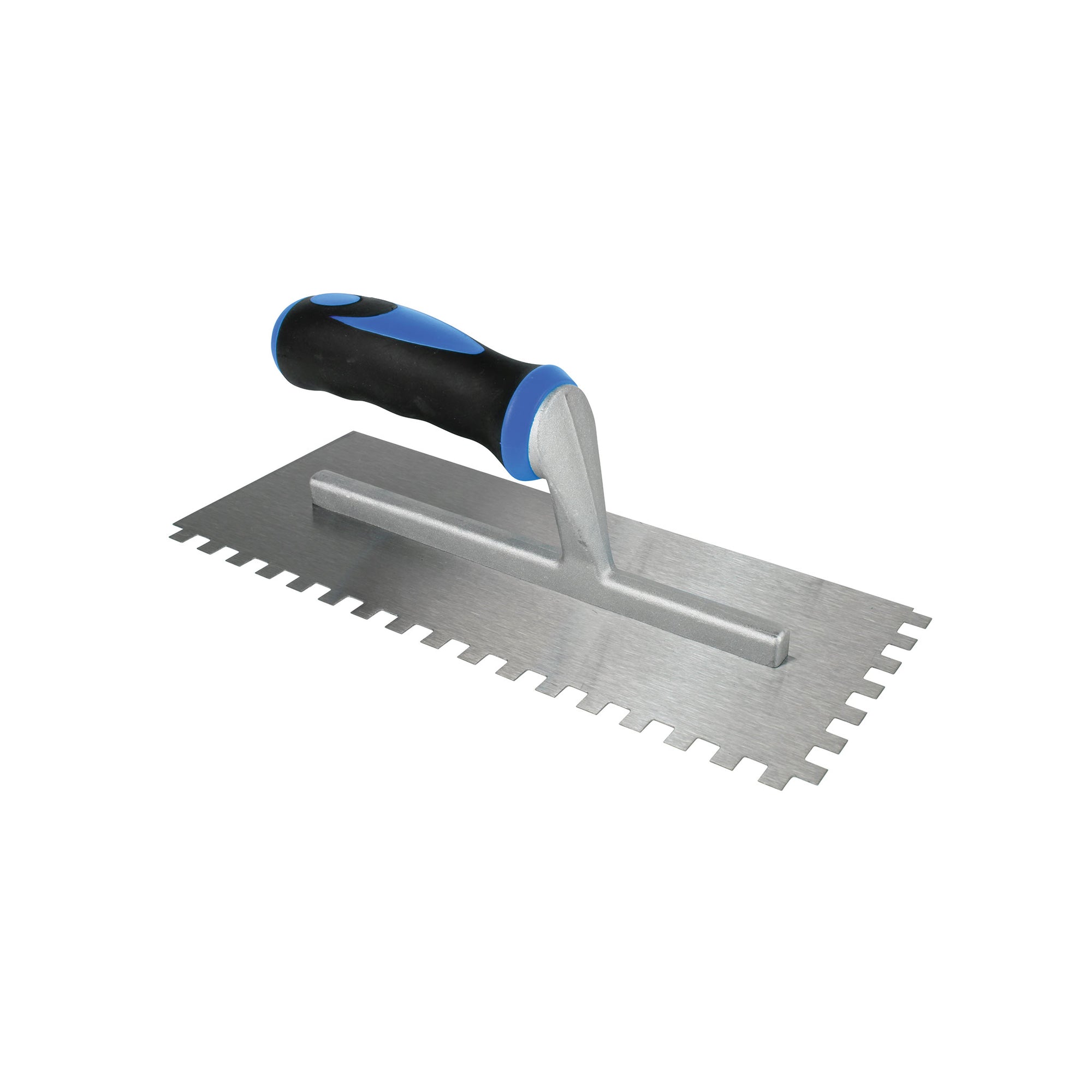 B.A.T bright steel square notch trowel, blue soft-grip handle, for even tile adhesive application and secure substrate bond.