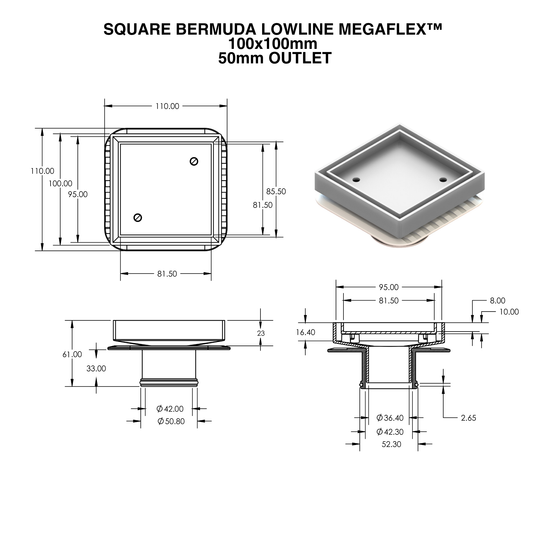 100x100mm Square Bermuda Lowline Megaflex floor waste diagram: lowline brass grate, flexible ABS base, 50mm outlet for til...