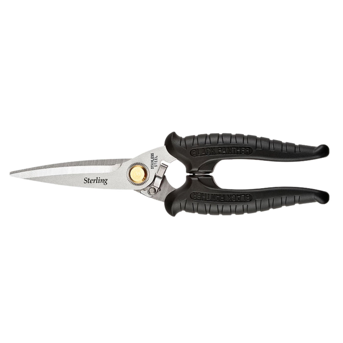 200mm Sterling Black Panther snips: ergonomic black grips, serrated stainless blades for precise aluminium, vinyl sheet cu...
