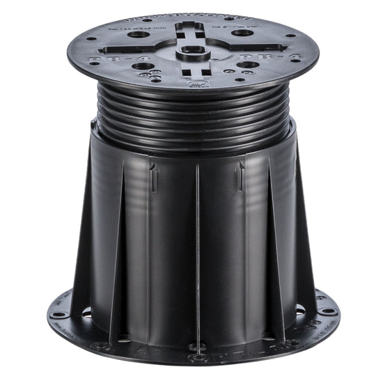 Adjustable black plastic deck pedestal with ribbed height adjustment, 146-148mm top plate, and stable base for raised floo...