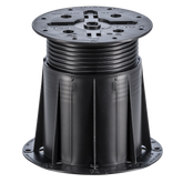 Adjustable black plastic deck pedestal with ribbed height adjustment, 146-148mm top plate, and stable base for raised floo...