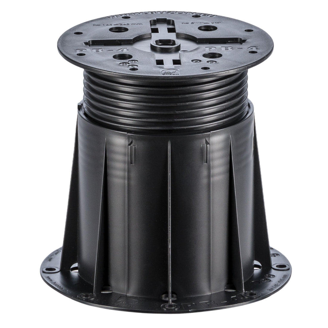 Adjustable black plastic deck pedestal with ribbed height adjustment, 146-148mm top plate, and stable base for raised floo...