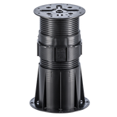 Black adjustable plastic deck pedestal with square base, ribbed column, and top plate for raised outdoor flooring