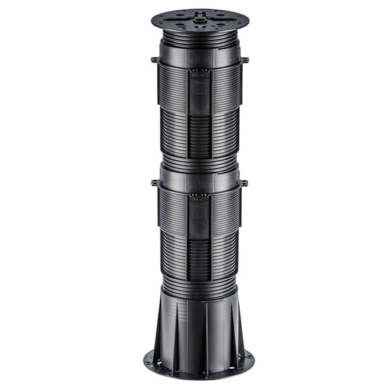 Adjustable black ribbed deck pedestal with mounting brackets and stable base for outdoor flooring.