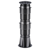 Adjustable black ribbed deck pedestal with mounting brackets and stable base for outdoor flooring.