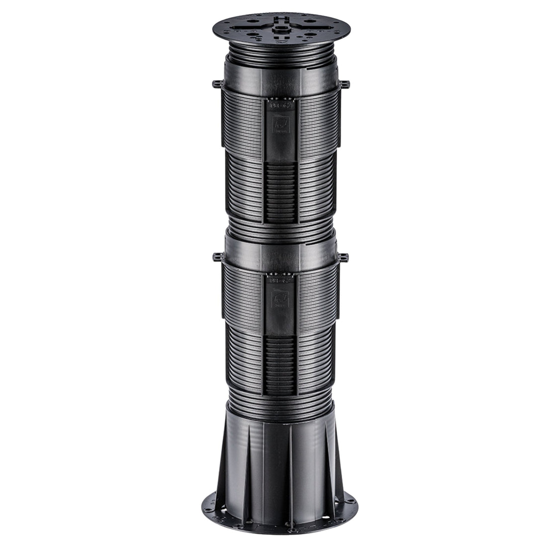 Adjustable black ribbed deck pedestal with mounting brackets and stable base for outdoor flooring.
