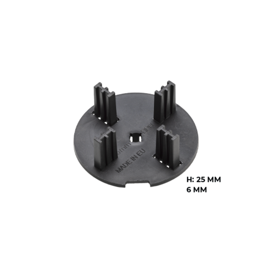 Buzon Spacer Tabs: black clip-on plastic tabs ensure 6mm paver spacing, alignment & drainage on pedestals for raised floors.