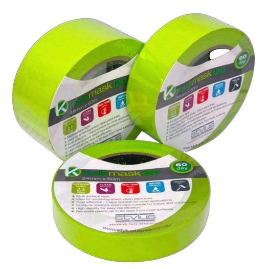 Three rolls of KwikMask120 green high-temp masking tape for sharp paint lines, minimal bleed, clean removal up to 60 days.