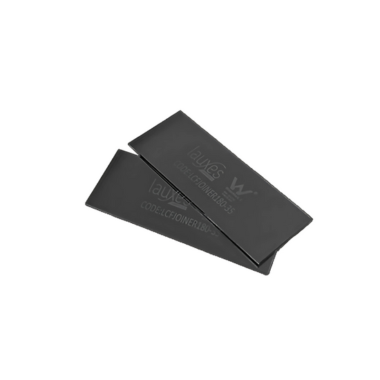 Pair of Midnight Black anodised Lauxes 180° grate joiners for seamless, rustproof linear drain extension.
