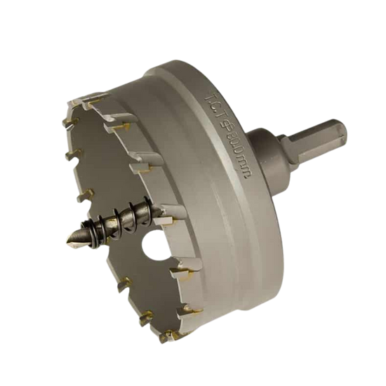 Lauxes Grates 72mm TCT hole saw w/ integrated arbor & pilot drill for precise aluminium cuts in pop waste outlets for show...