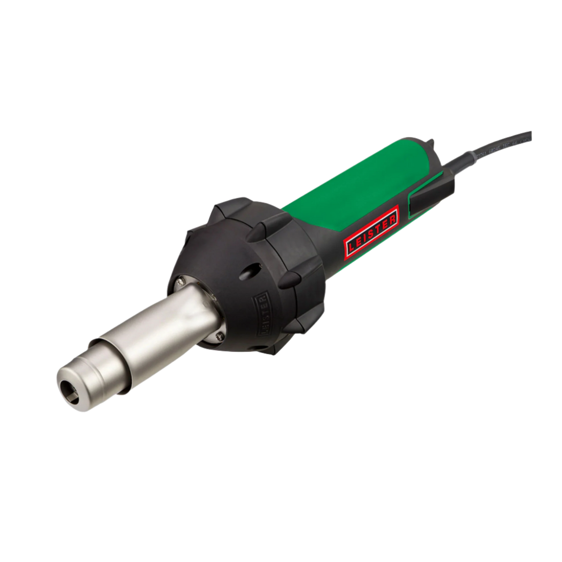 Leister Triac AT green digital heat gun for precise welding of waterproofing membranes and thermoplastic roofing liners.