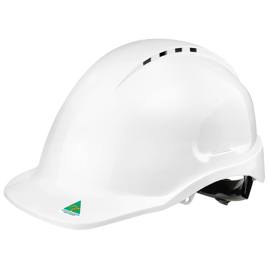 White Maxisafe vented hardhat with ratchet harness, 10 vents for airflow, AS/NZS 1801 certified head protection for trades.