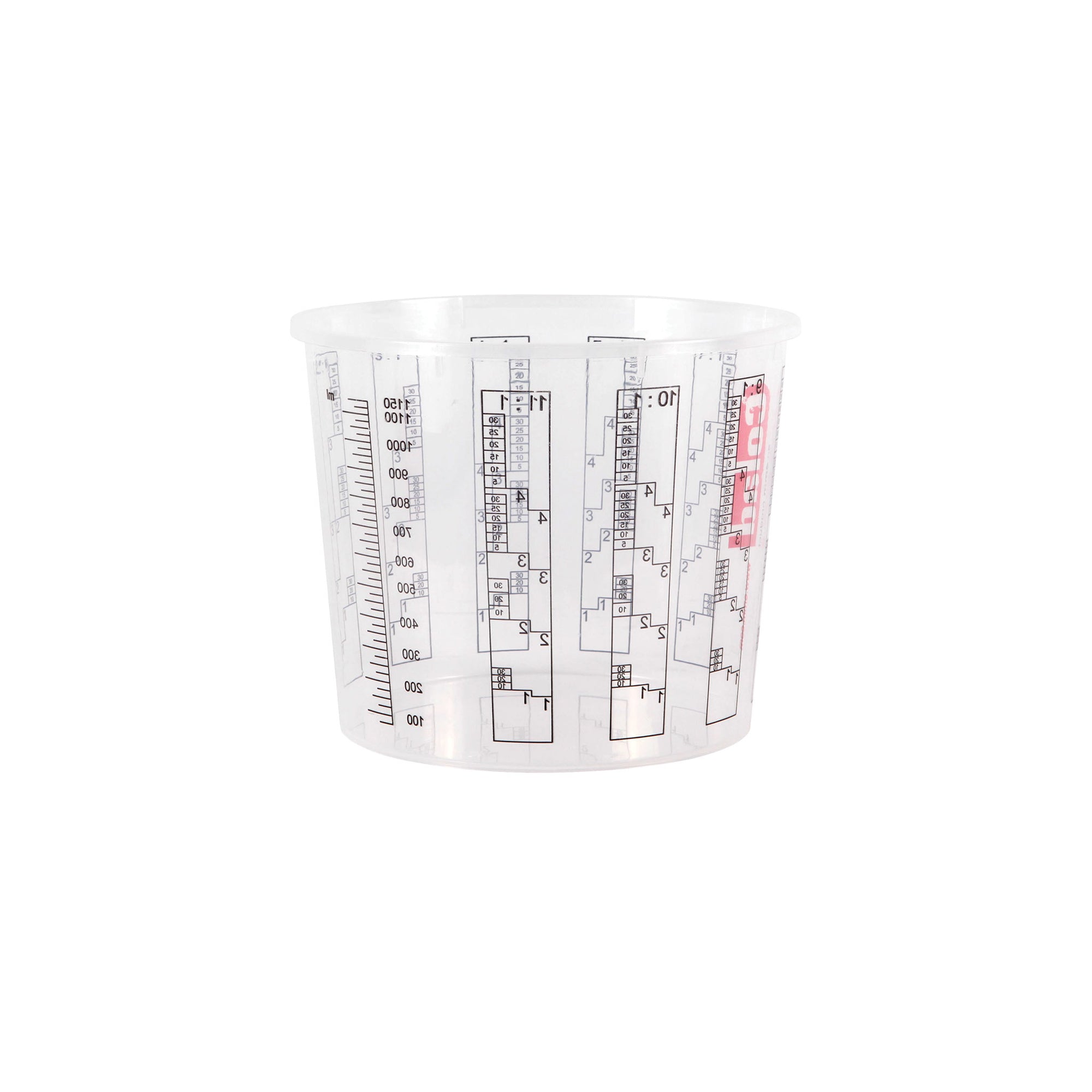 Clear 1.3L disposable measuring tub with ml/litre scales & ratio grids for precise epoxy, sealant mixing & pouring