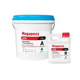 Megapoxy HICB epoxy grout kit: 8kg Part A pail, 2kg Part B bottle for high-impact crusher liner backing, 115MPa strength.