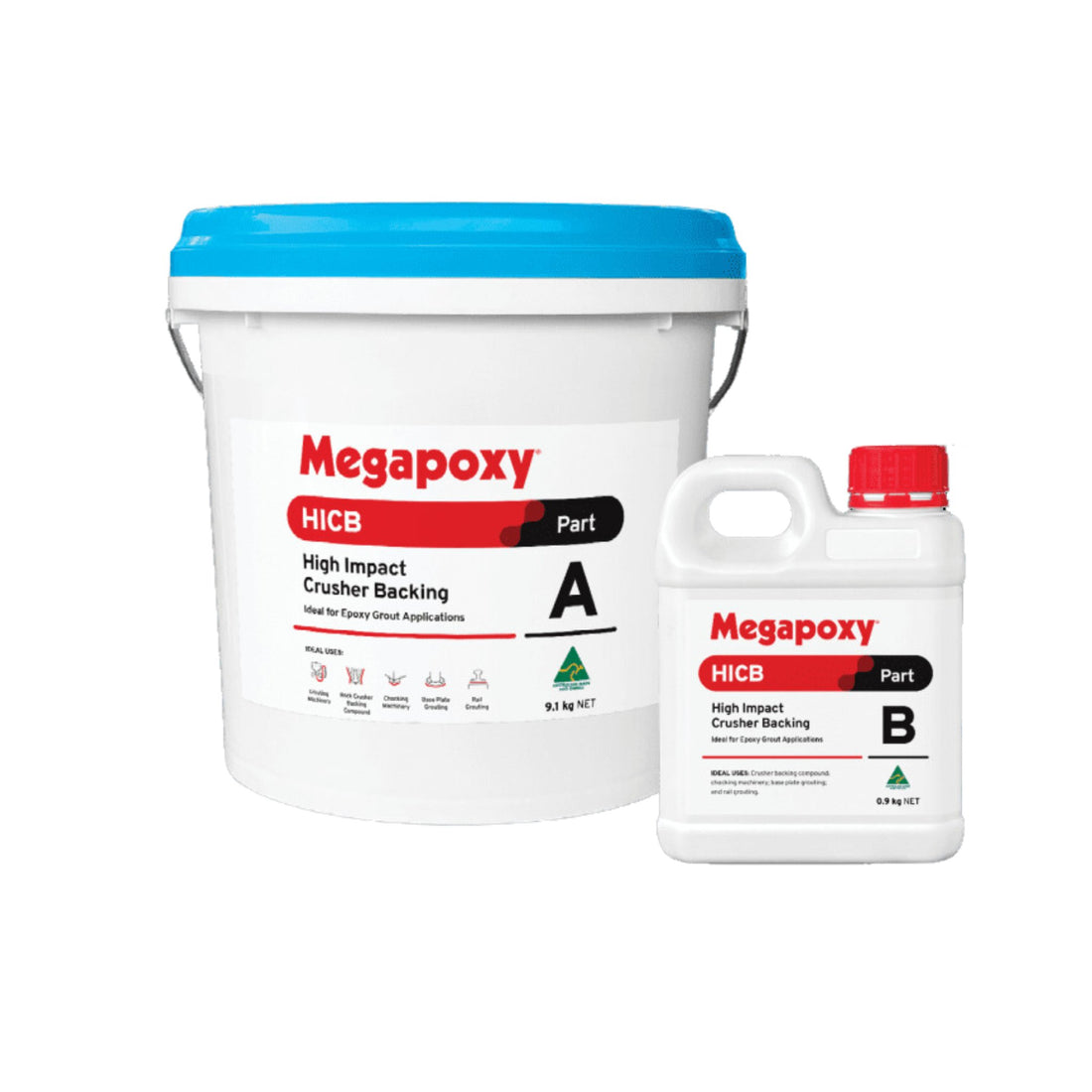 Megapoxy HICB epoxy grout kit: 8kg Part A pail, 2kg Part B bottle for high-impact crusher liner backing, 115MPa strength.