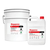 Megapoxy HT two-part hydrophilic epoxy gel adhesive kit: Part A bucket, Part B can for wet concrete structural bonding.