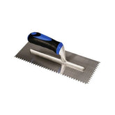 BAT Bright Steel V-Notch Trowel, soft grip handle: precise flooring adhesive application, 3-12mm notches for correct sprea...
