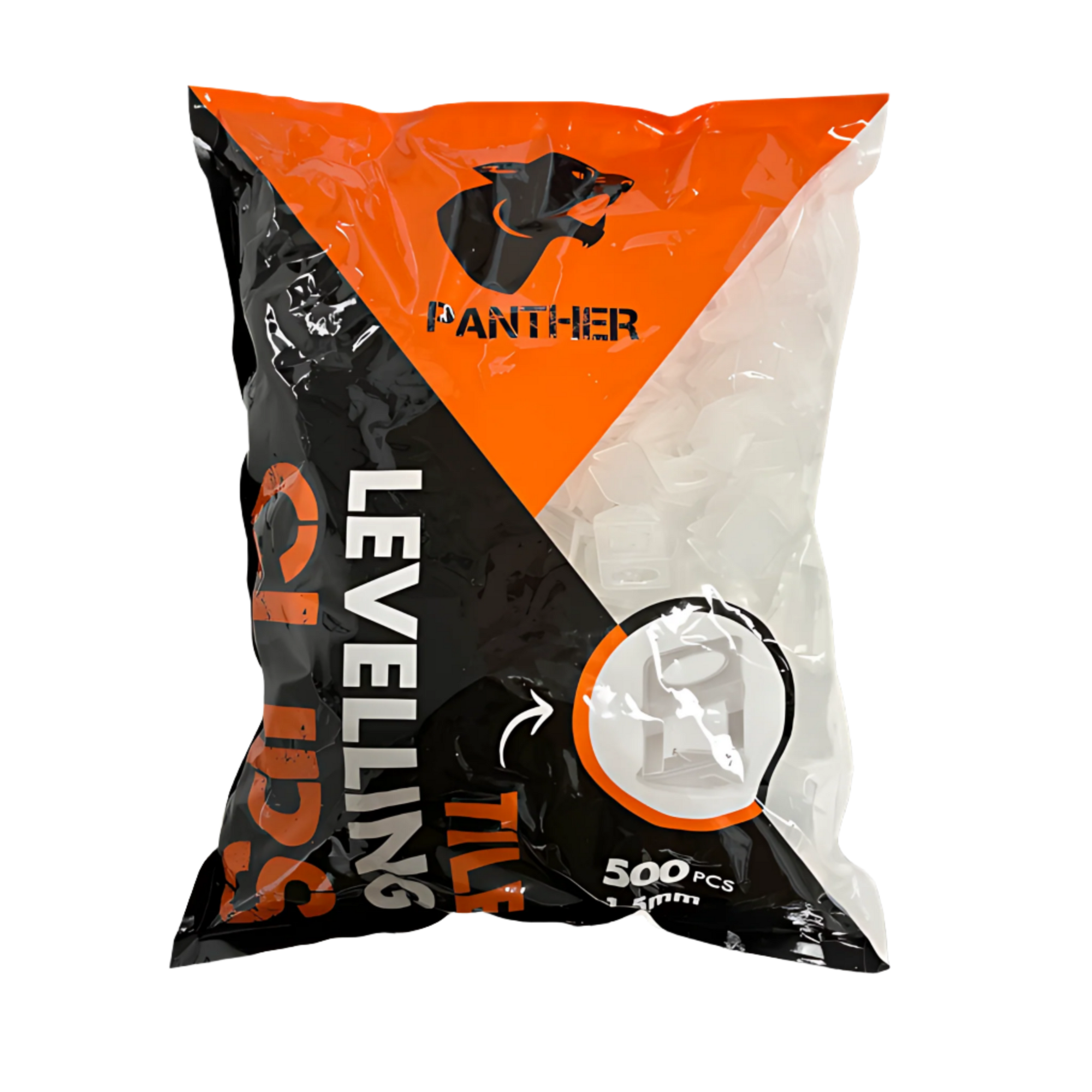 Panther 1.5mm levelling base clips (500 pack) in orange bag; aligns 3-12mm tiles, prevents lippage in adhesive beds.
