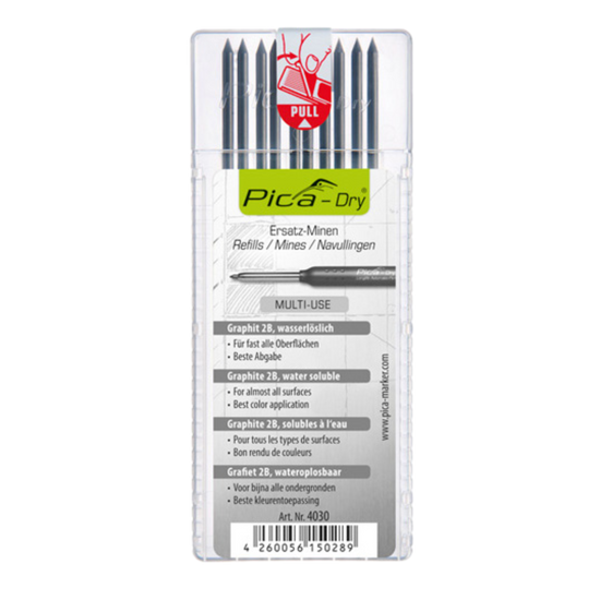 Pica-Dry Longlife refills in plastic case: pre-sharpened graphite & colored leads for multi-surface marking on wet, dry, r...