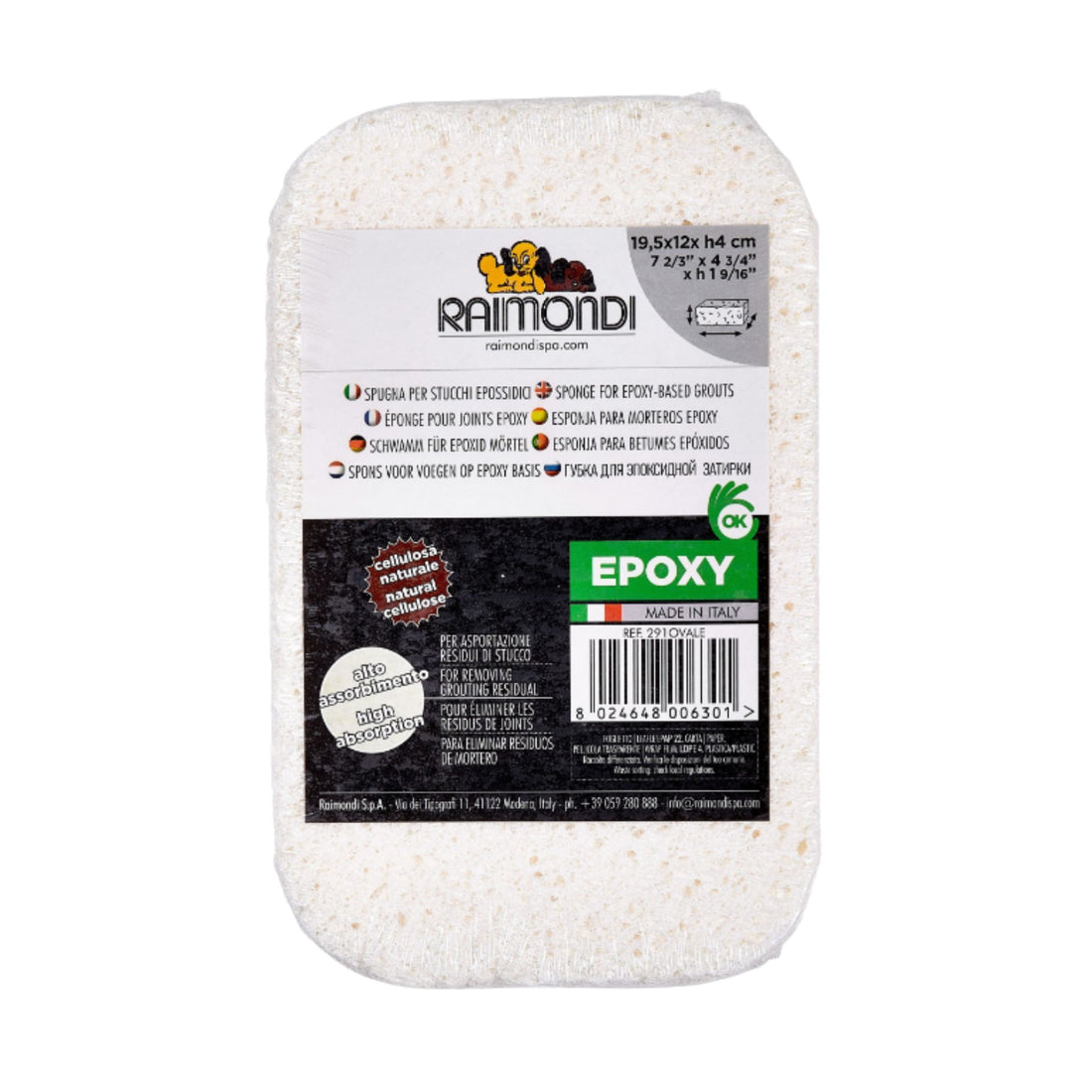 Raimondi Epoxy Sponge for epoxy grout cleanup. High absorption cellulose sponge lifts residue for clean tile joints.