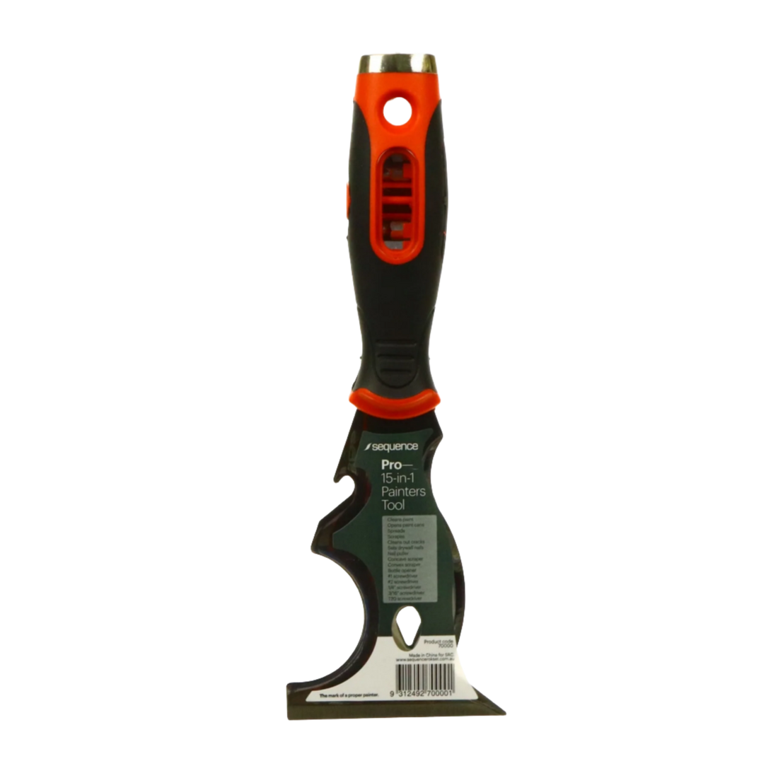 Sequence Pro 15-in-1 painter's tool: soft-grip handle, stiff steel blade for scraping, spreading adhesives/fillers, nail s...