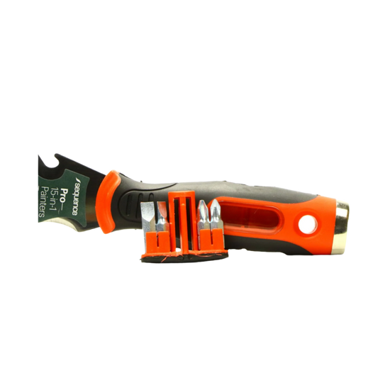 Sequence Pro 15-in-1 painter's tool: stiff steel blade spreads adhesives/fillers, scrapes; soft-grip handle, screwdriver b...
