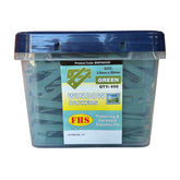 Pack of 450 green 3mm window packers in blue plastic tub, ideal shims for window installation