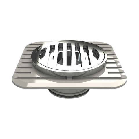 Stainless steel square shower drain grate with slotted circular center, modern chrome finish for bathrooms