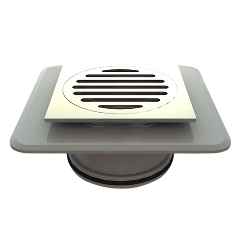 Square stainless steel shower drain grate with slotted circular center, modern bathroom floor drain cover.