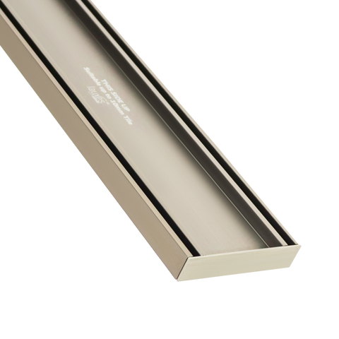 Brushed stainless steel linear shower drain by First Ultra Drain, sleek rectangular channel for modern bathrooms.