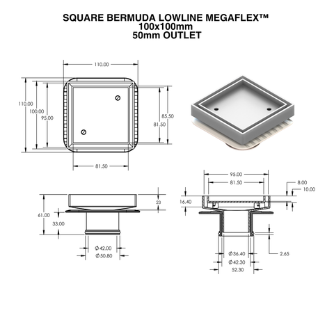 Square Bermuda Lowline Megaflex™ Floor Waste – 100x100mm